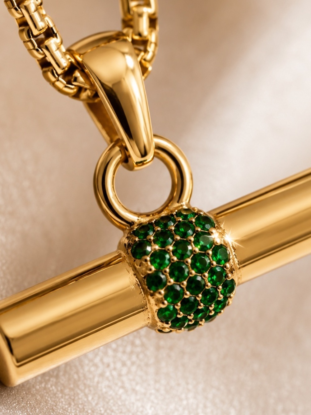 Gold Bar Pendant Necklace with Green Accent - Picture 5 of 14